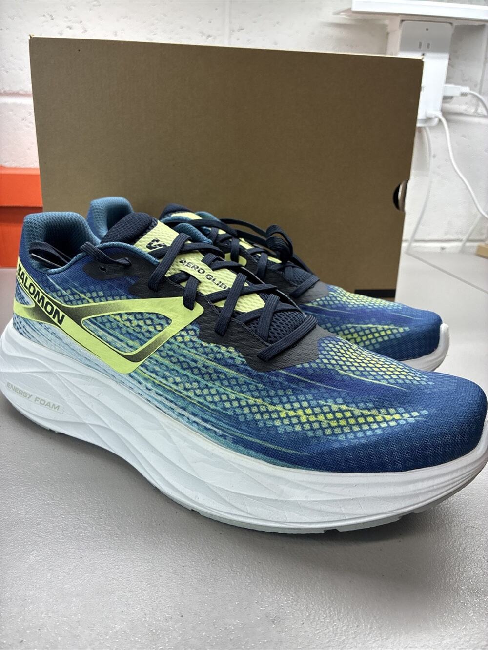 Salomon Aero Glide Men's Size 12 Blue Yellow Energy Foam Running Shoes 470492